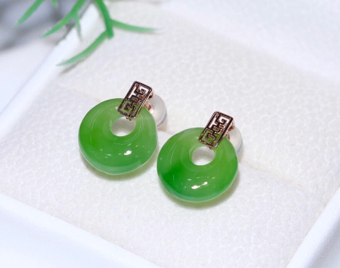 18K Gold Jade Stud Earrings, 12mm, Clean Fine Quality - 2