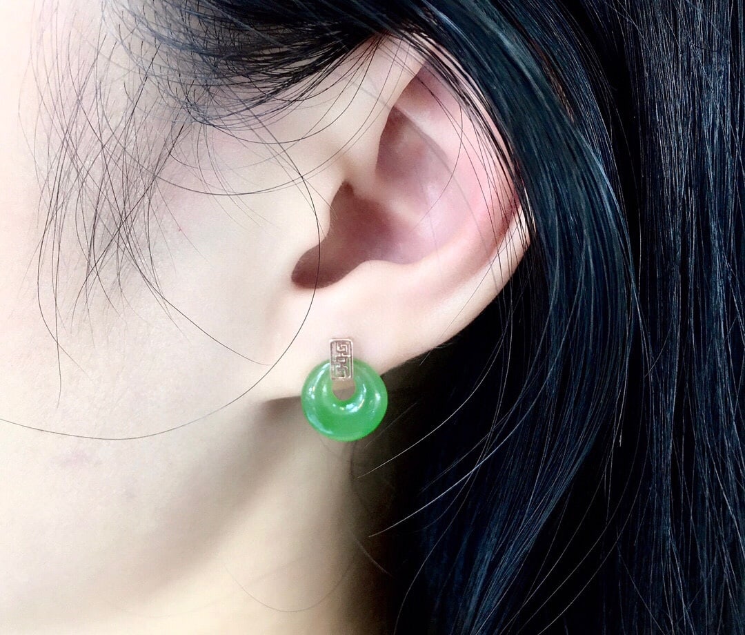 18K Gold Jade Stud Earrings, 12mm, Clean Fine Quality - 6
