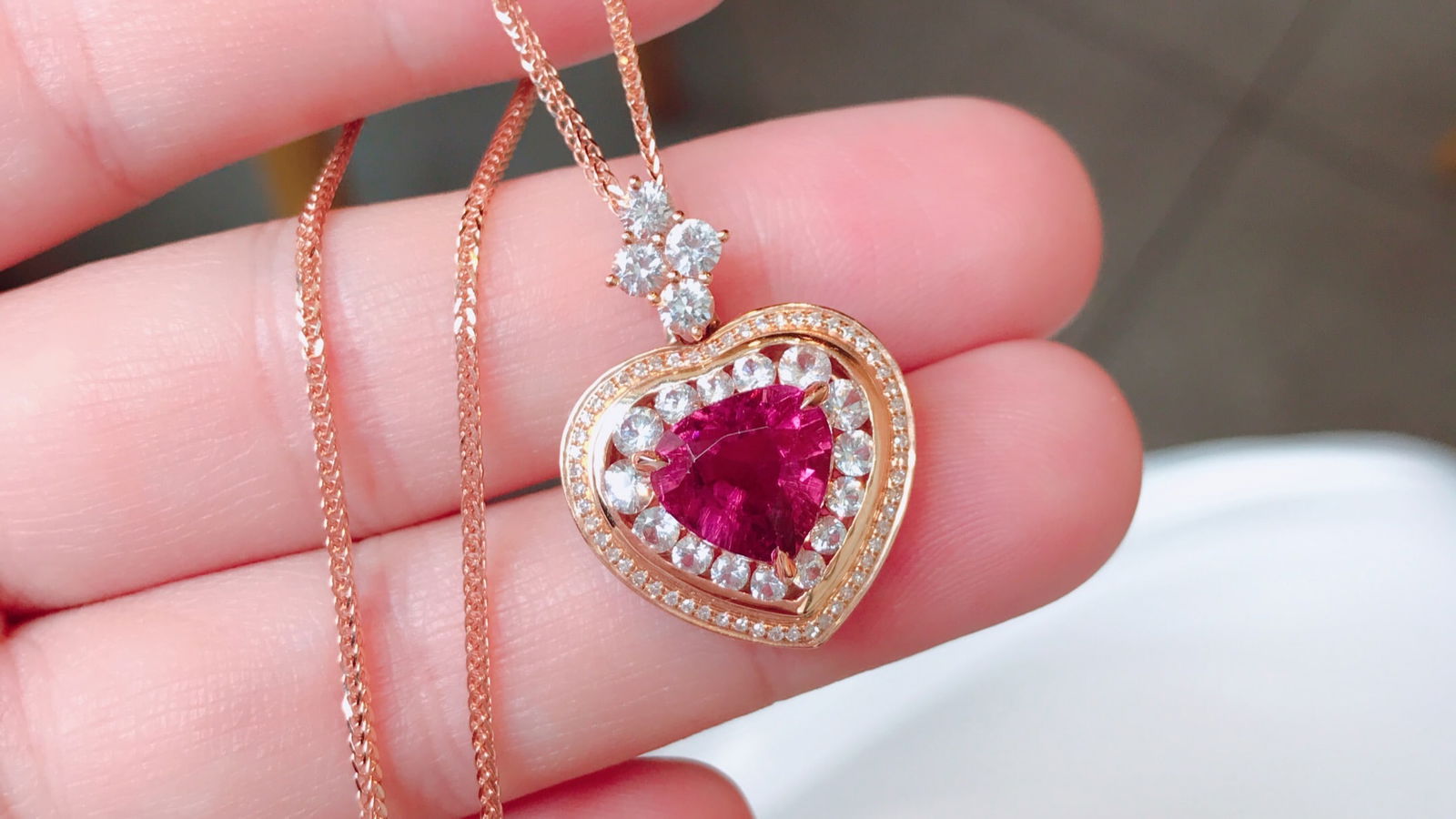 18K Gold Rubellite Tourmaline Pendant with Diamonds and White Sapphires, 2.92 ct Gemstone - 2