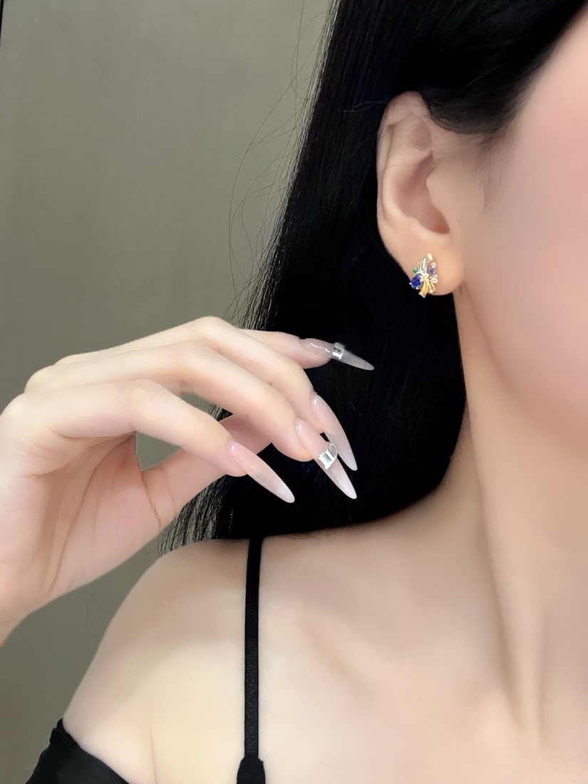 18K Gold Diamond & Gemstone Bow Stud Earrings, 0.78 Carat, Emerald & Sapphire - 6