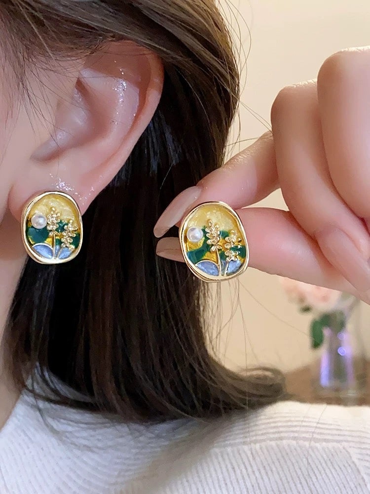 Oil Painting Series Freshwater Pearl Stud Earrings, 5-6mm, High-Quality Pearls - 5