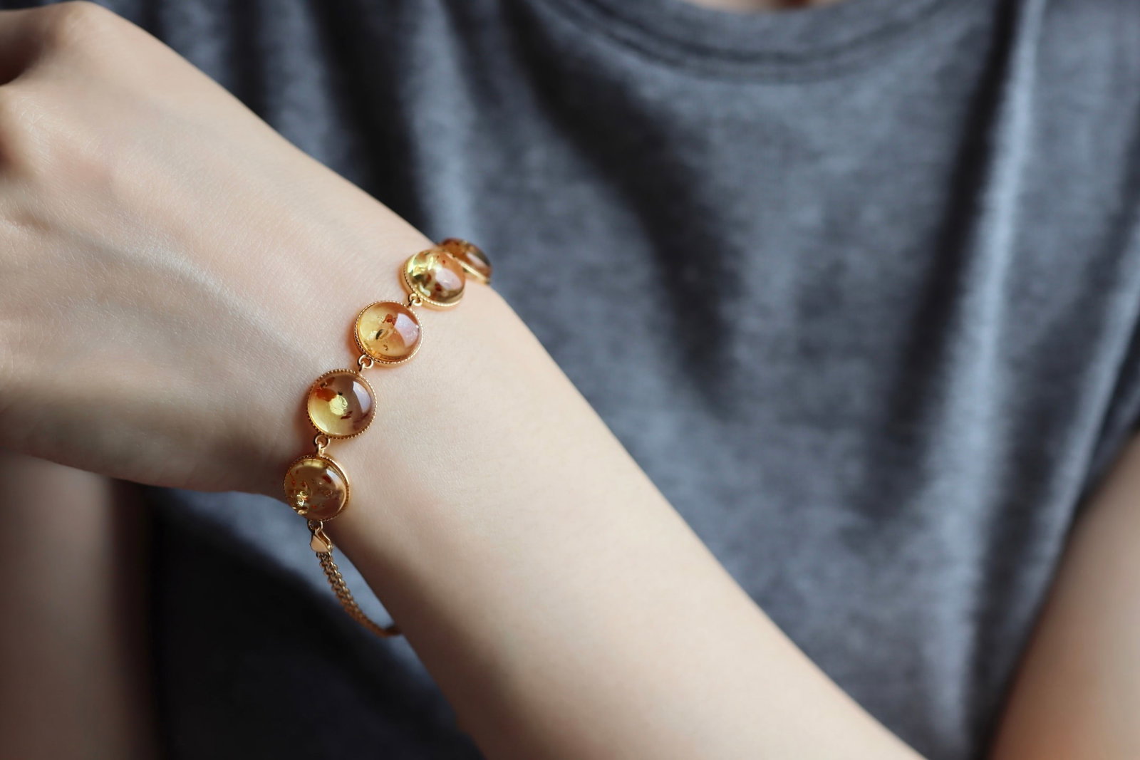 Natural Flower Amber Bead Bracelet Sterling Silver 18K Gold Plated 10mm - 5