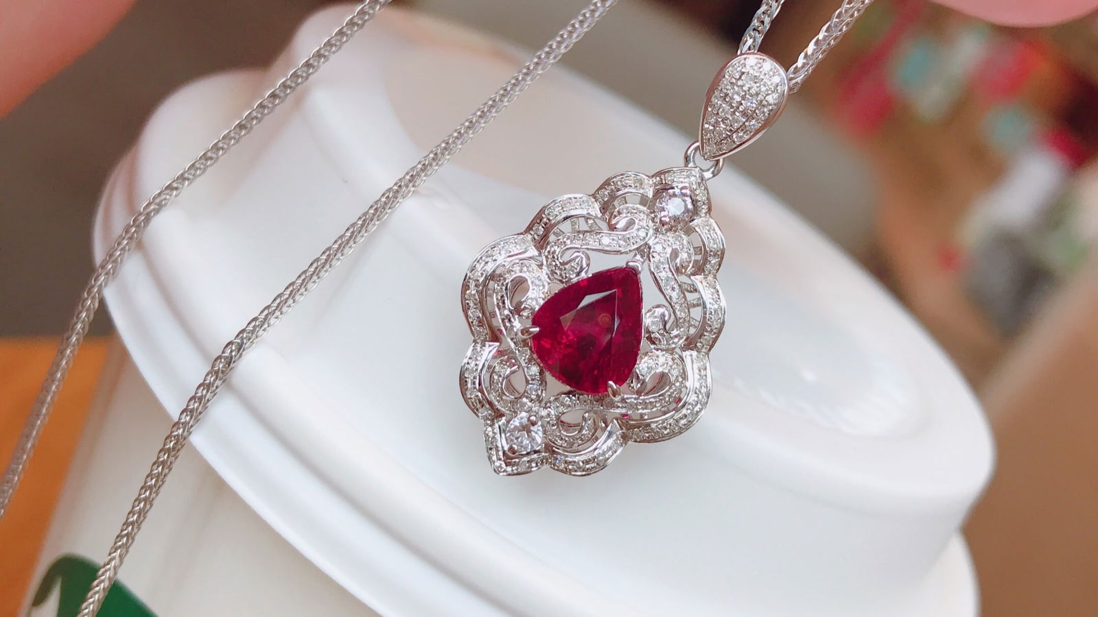 18K Gold Rubellite Tourmaline Pendant with 111 Diamonds and 2 White Sapphires, 2.2 ct Gemstone - 4