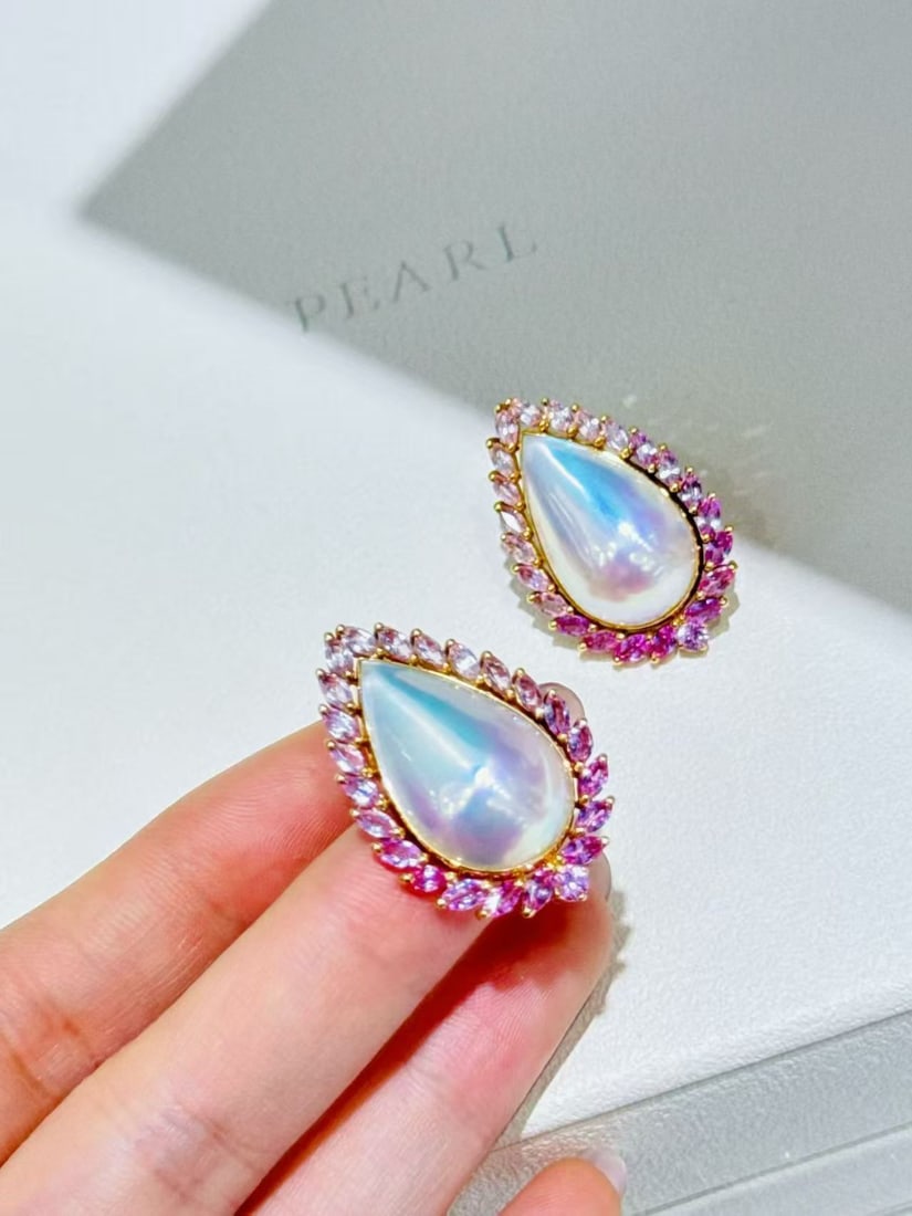 18K gold sapphire pearl earrings - 4