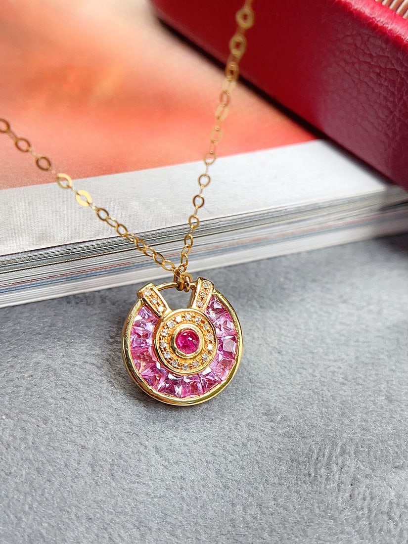 18K Gold Pink Sapphire and Diamond Necklace 1ct Sapphire 20 Diamonds - 2