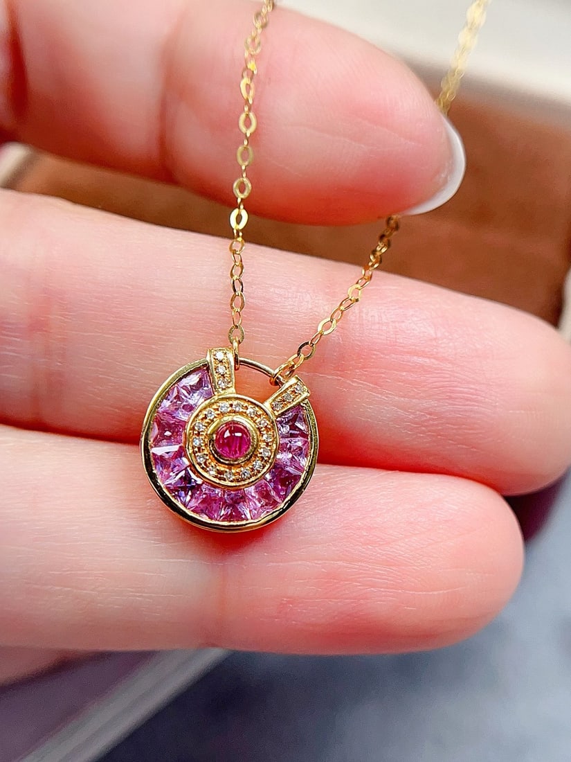 18K Gold Pink Sapphire and Diamond Necklace 1ct Sapphire 20 Diamonds - 4