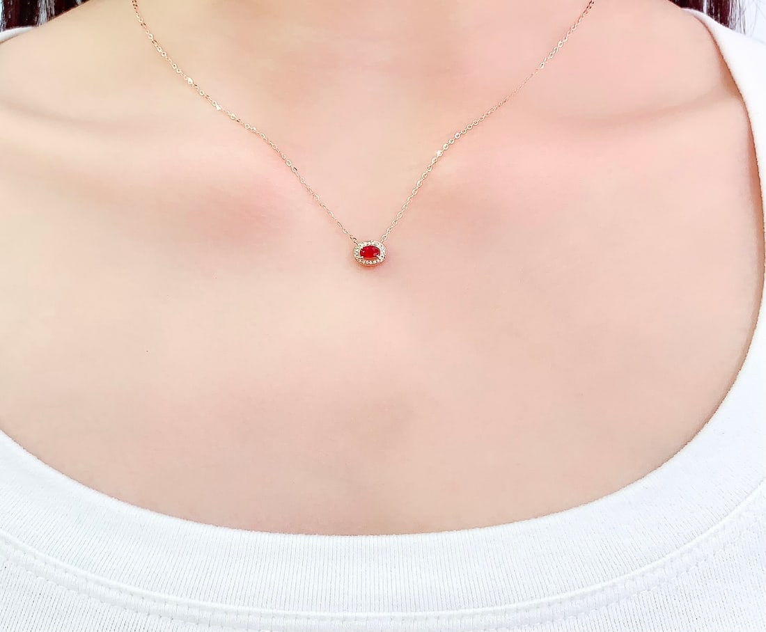 18K Gold Natural Ruby Collarbone Necklace, 0.40ct, Diamond Accent - 4