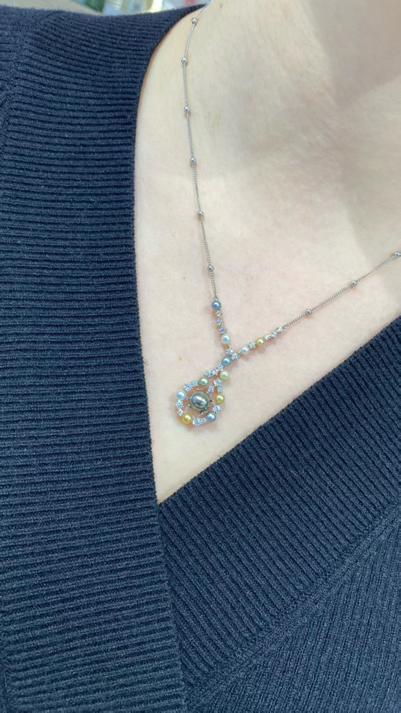 925 silver inlaid pearl integrated chain necklace - 4