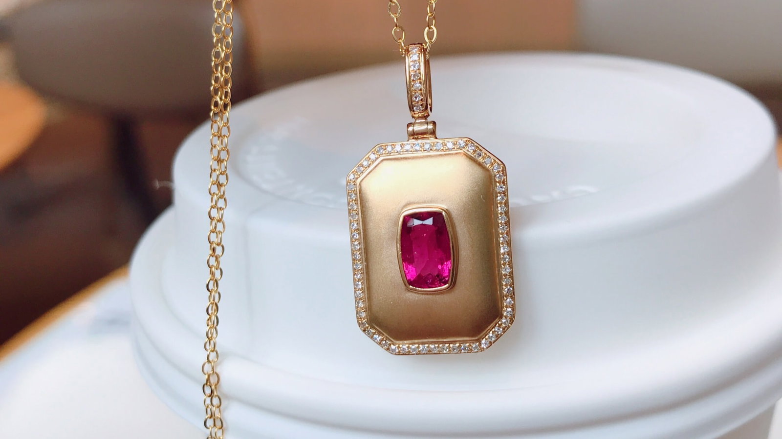18K Gold Natural Tourmaline Rubellite Pendant with 69 Diamonds, 0.6 ct Gemstone - 5