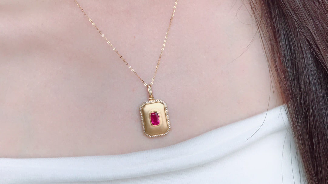 18K Gold Natural Tourmaline Rubellite Pendant with 69 Diamonds, 0.6 ct Gemstone - 6