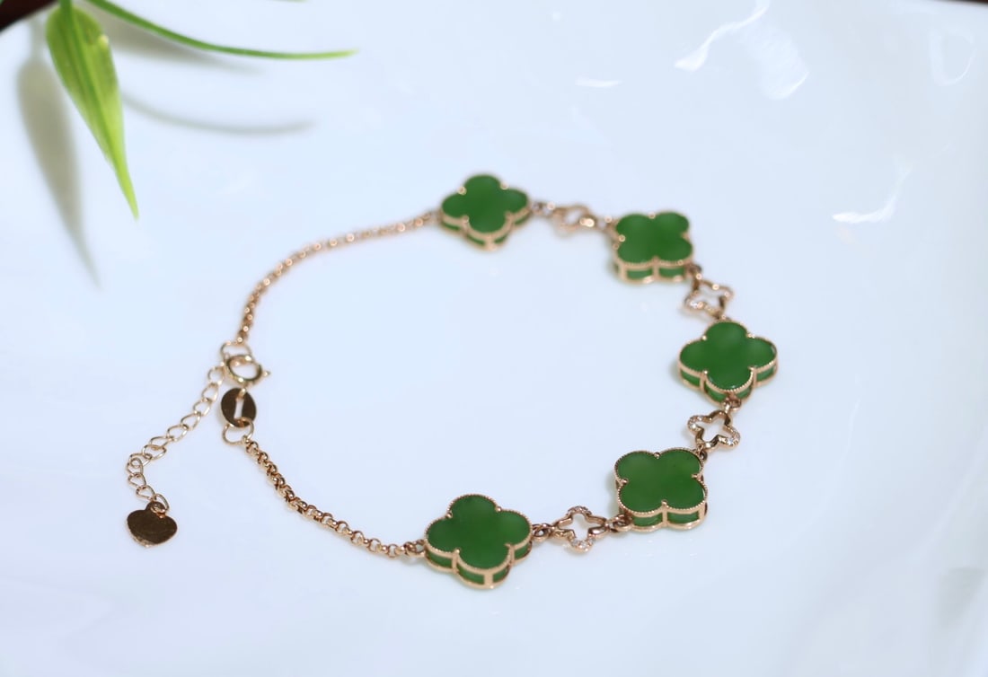18K Gold Jade Four-Leaf Clover Bracelet, 10x5mm, Exquisite Craftsmanship - 2