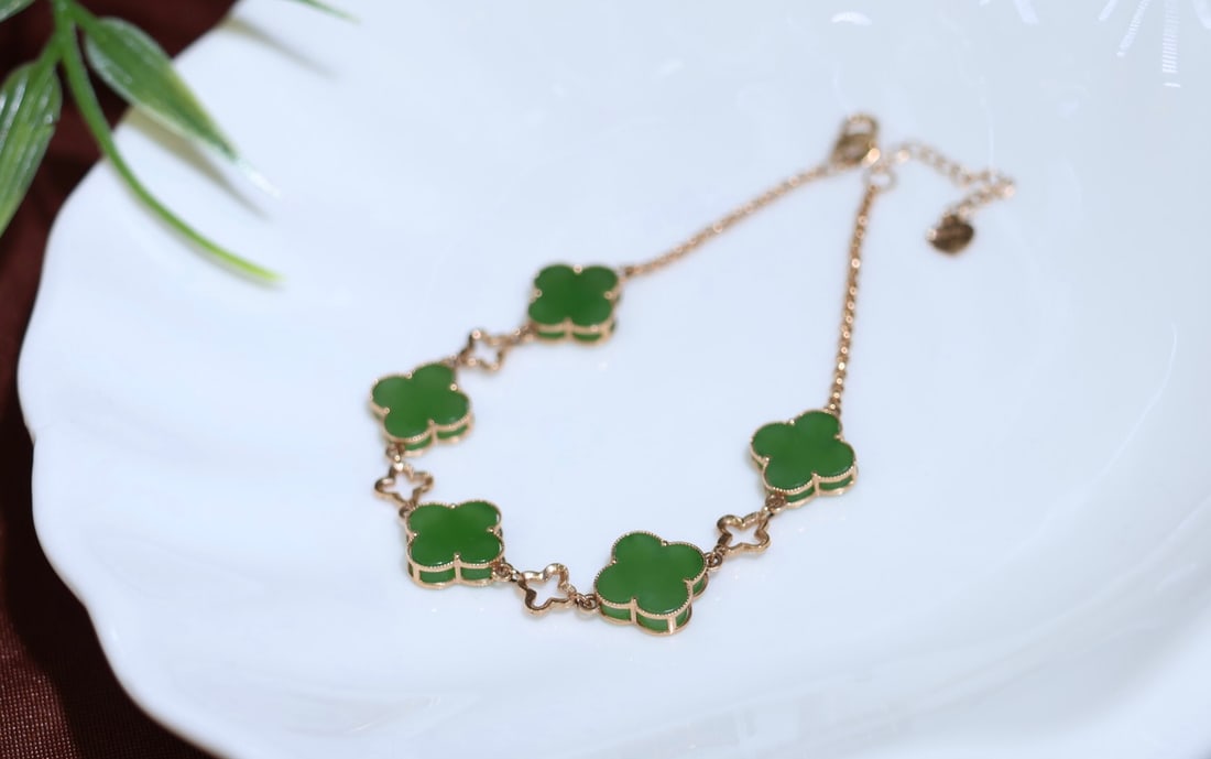 18K Gold Jade Four-Leaf Clover Bracelet, 10x5mm, Exquisite Craftsmanship - 6