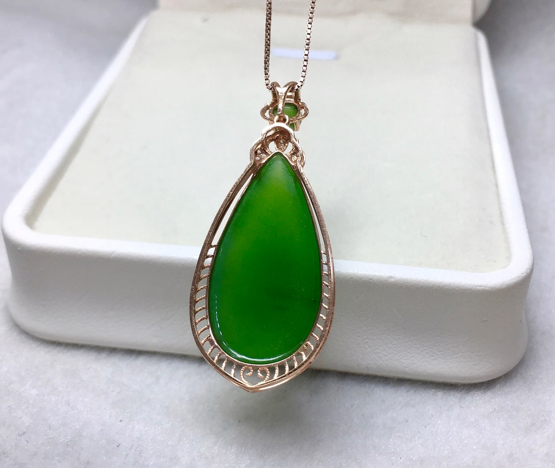 18K Gold Hetian Jade Diamond Pendant, 13x25mm Teardrop - 2
