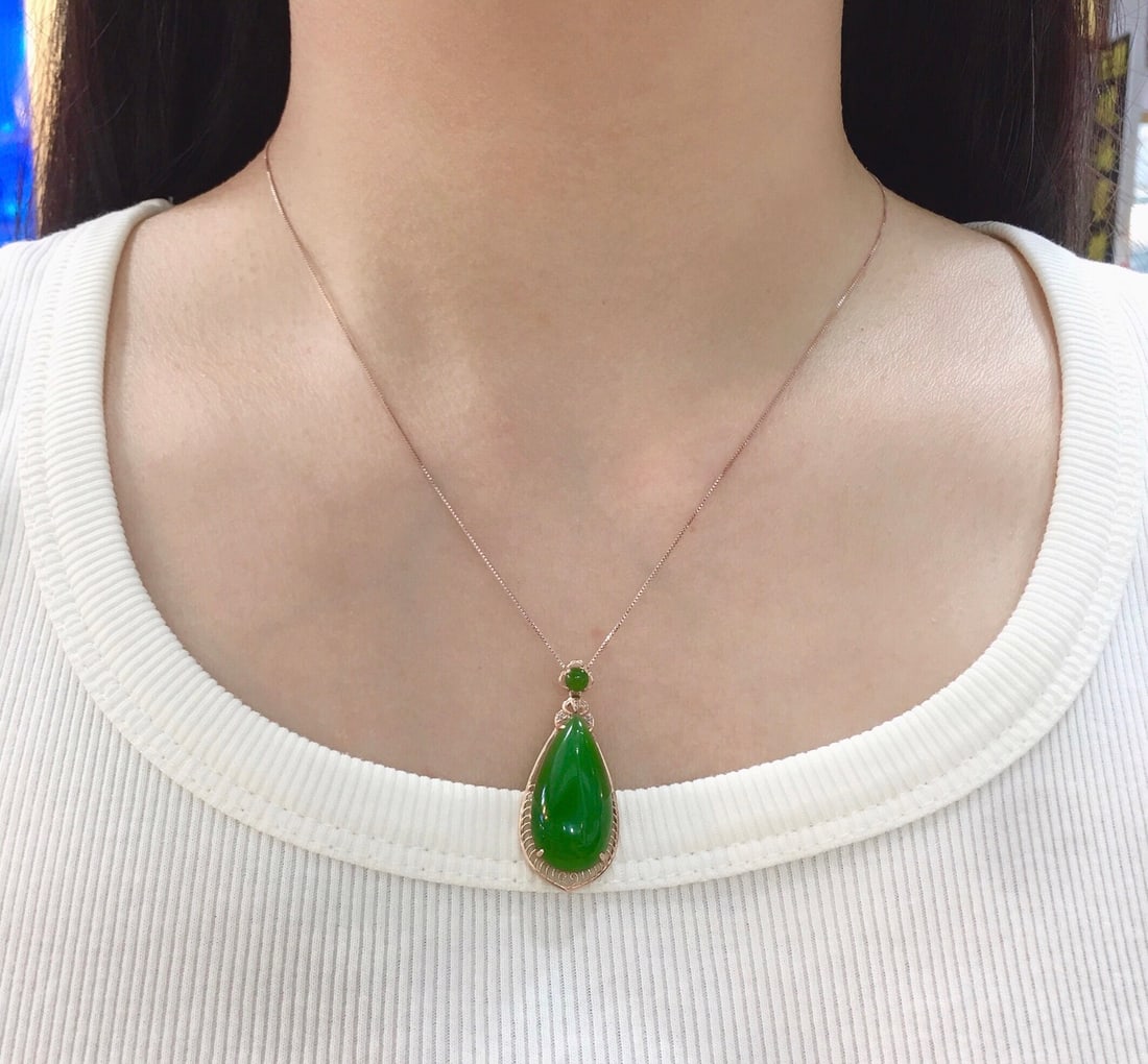 18K Gold Hetian Jade Diamond Pendant, 13x25mm Teardrop - 3