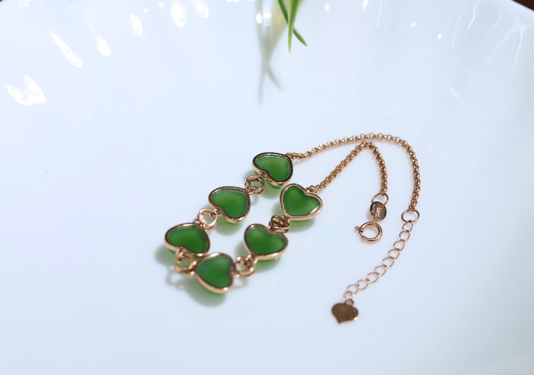 18K Gold Jade Heart Bracelet, 8mm, Exquisite Craftsmanship - 5
