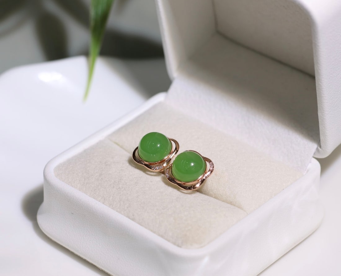 18K Gold Hetian Jade Half-Dome Stud Earrings with Diamond Accents, 8mm - 2