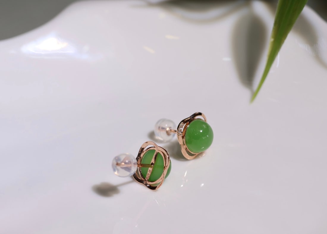 18K Gold Hetian Jade Half-Dome Stud Earrings with Diamond Accents, 8mm - 3