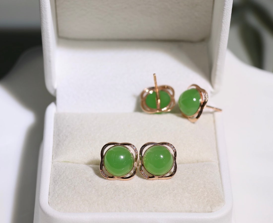 18K Gold Hetian Jade Half-Dome Stud Earrings with Diamond Accents, 8mm - 5