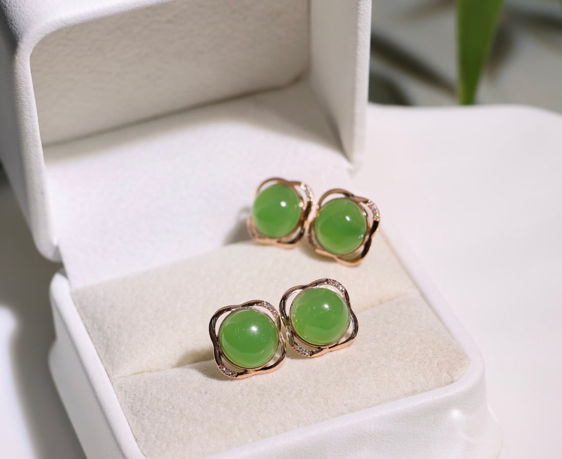 18K Gold Hetian Jade Half-Dome Stud Earrings with Diamond Accents, 8mm - 6