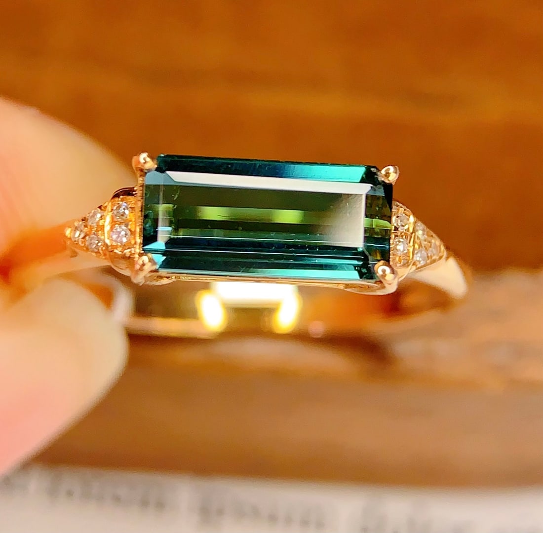 18K Gold Natural Tourmaline and Diamond Ring 1.2ct Tourmaline 10 Diamonds - 2