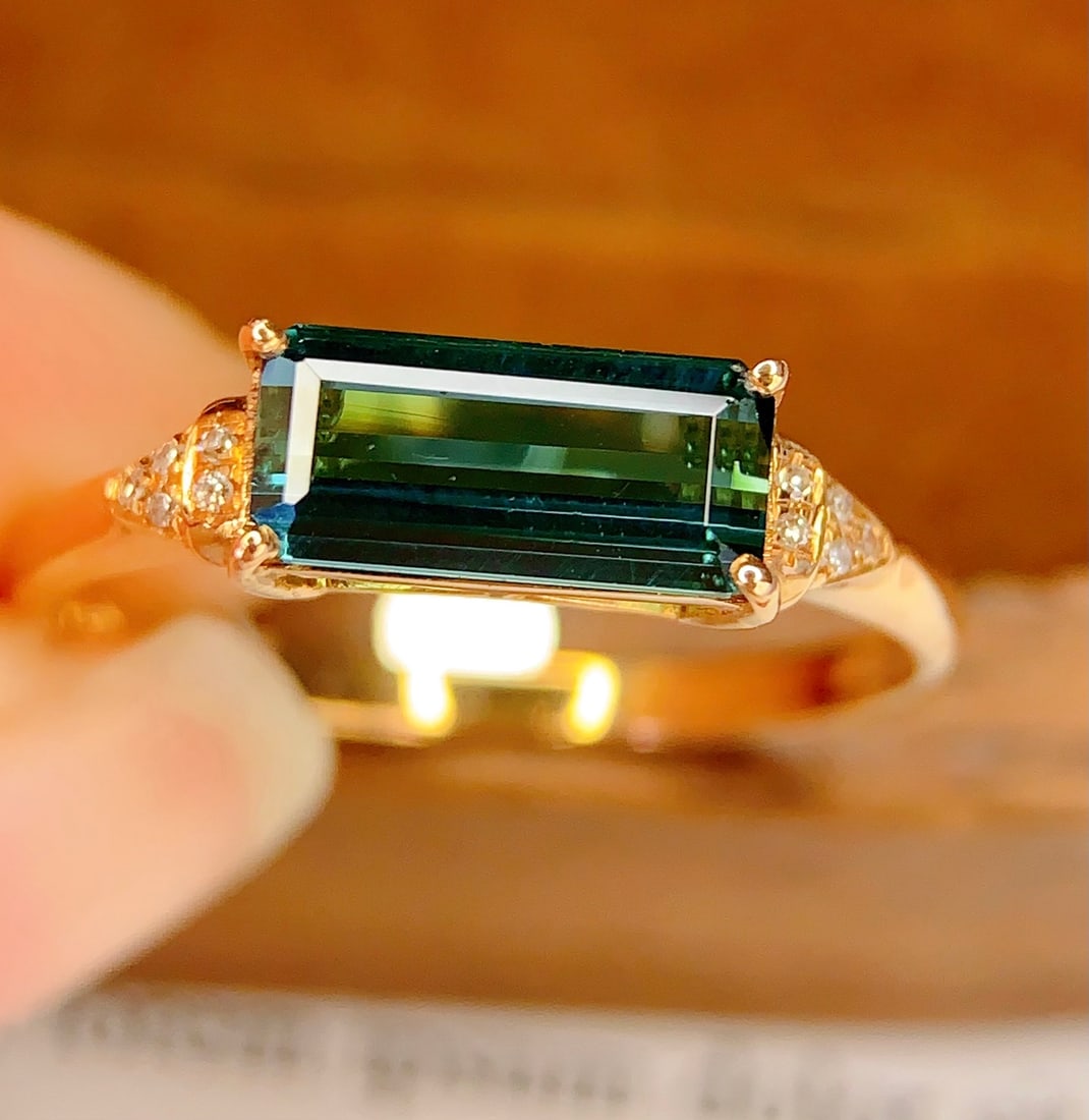 18K Gold Natural Tourmaline and Diamond Ring 1.2ct Tourmaline 10 Diamonds - 4