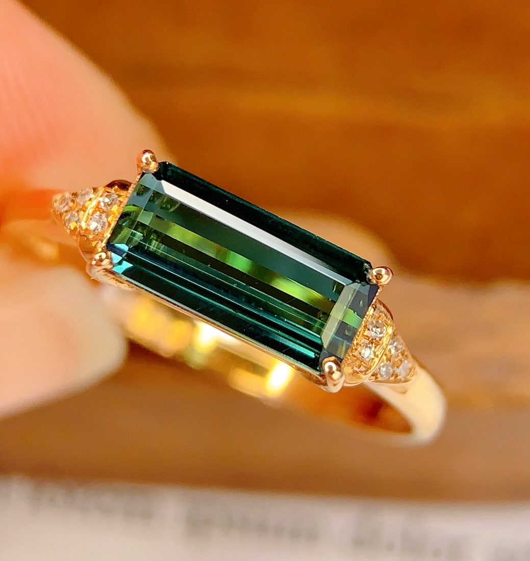 18K Gold Natural Tourmaline and Diamond Ring 1.2ct Tourmaline 10 Diamonds - 5