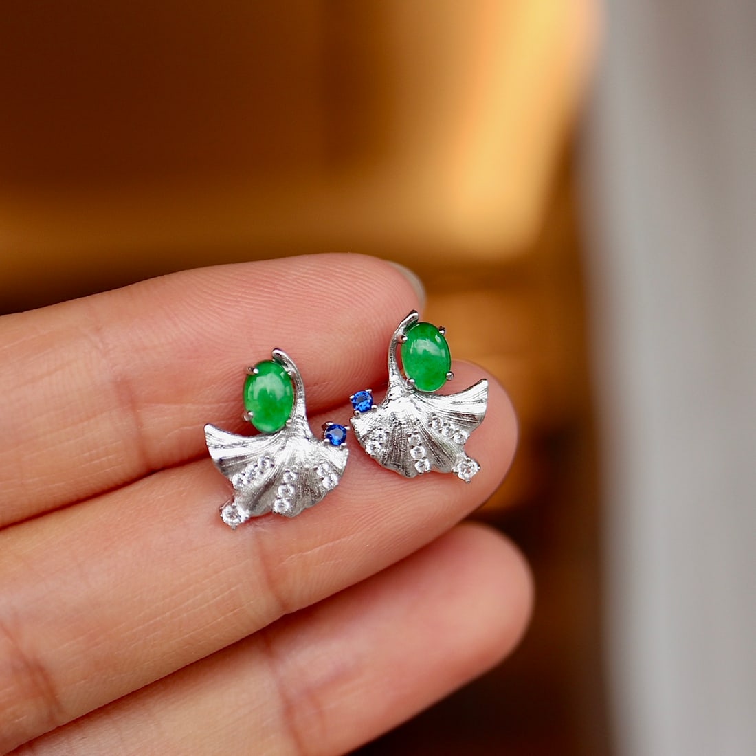 Natural Jade Ginkgo Leaf Earrings - 7