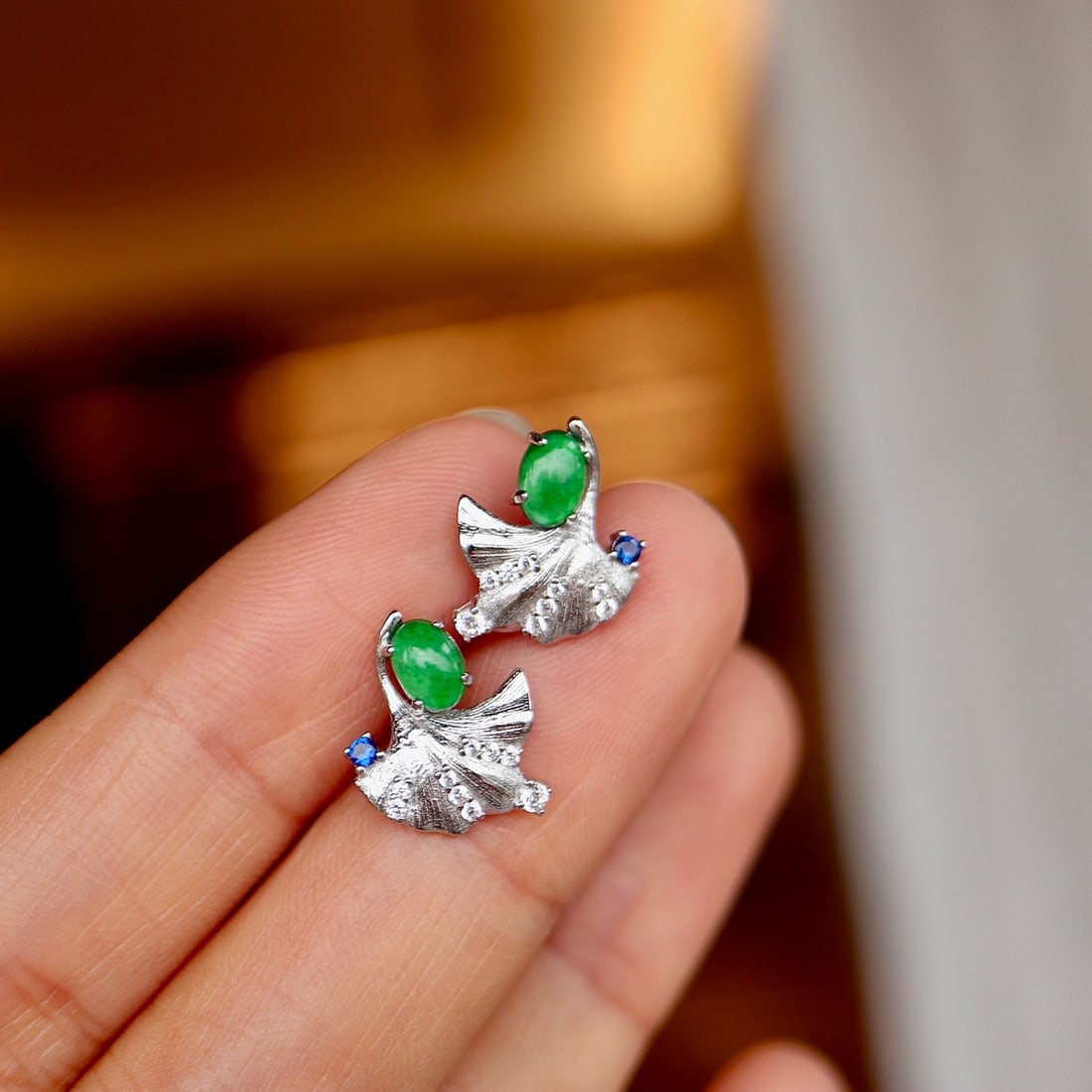 Natural Jade Ginkgo Leaf Earrings - 8