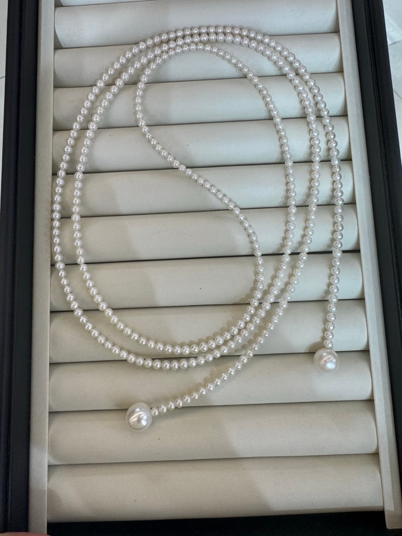 Versatile Pearl Sweater Necklace 120cm 10-11mm & 3.5-4mm: Title: Versatile Pearl Sweater Necklace 120cm 10-11mm & 3.5-4mm Description: Elegant long pearl sweater necklace with multiple styling options. Features near-round pearls in 10-11mm and 3.5-4mm,