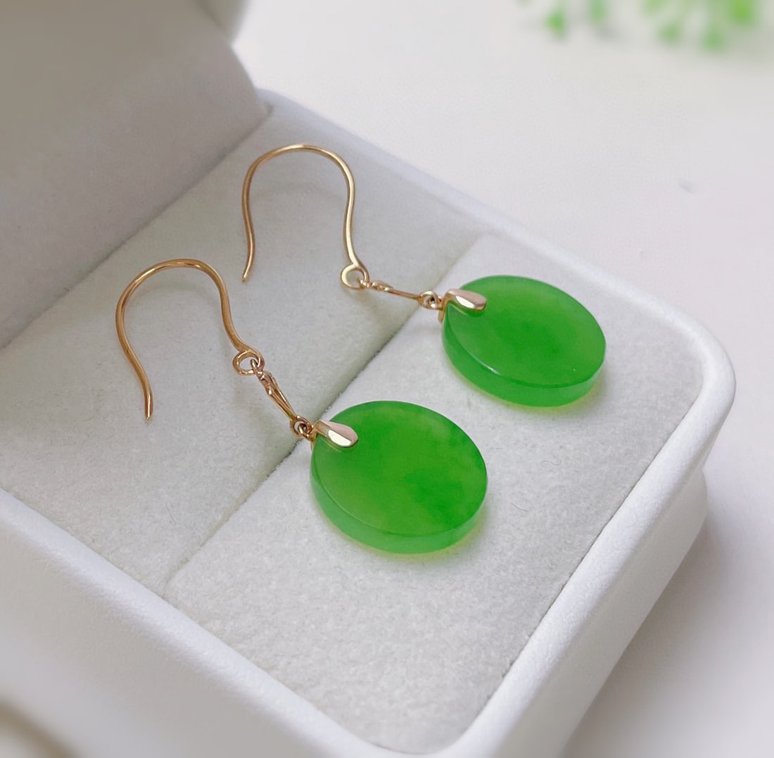 18K Gold Hetian Jade Apple Green Earrings, 12mm - 4