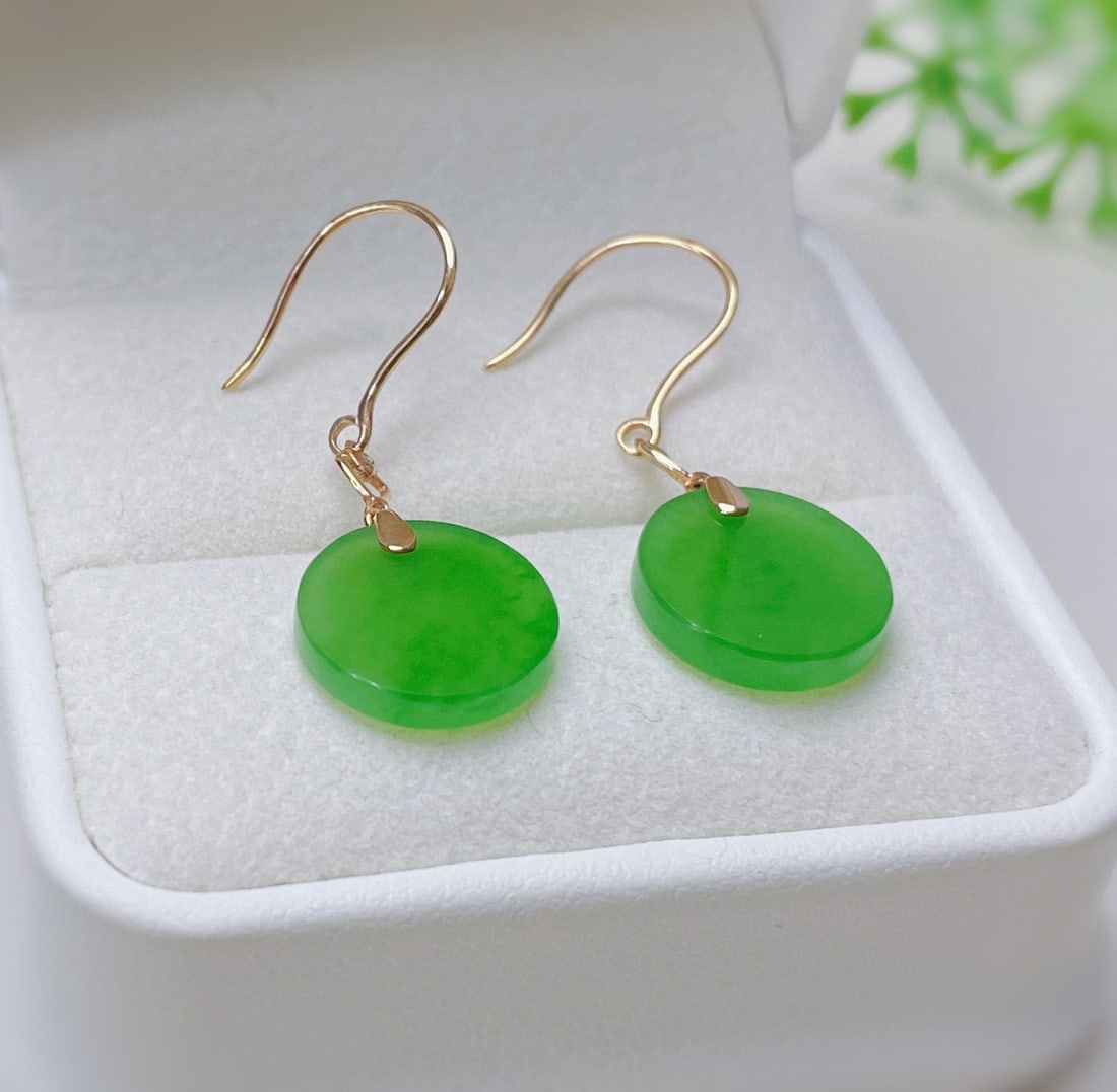 18K Gold Hetian Jade Apple Green Earrings, 12mm - 5