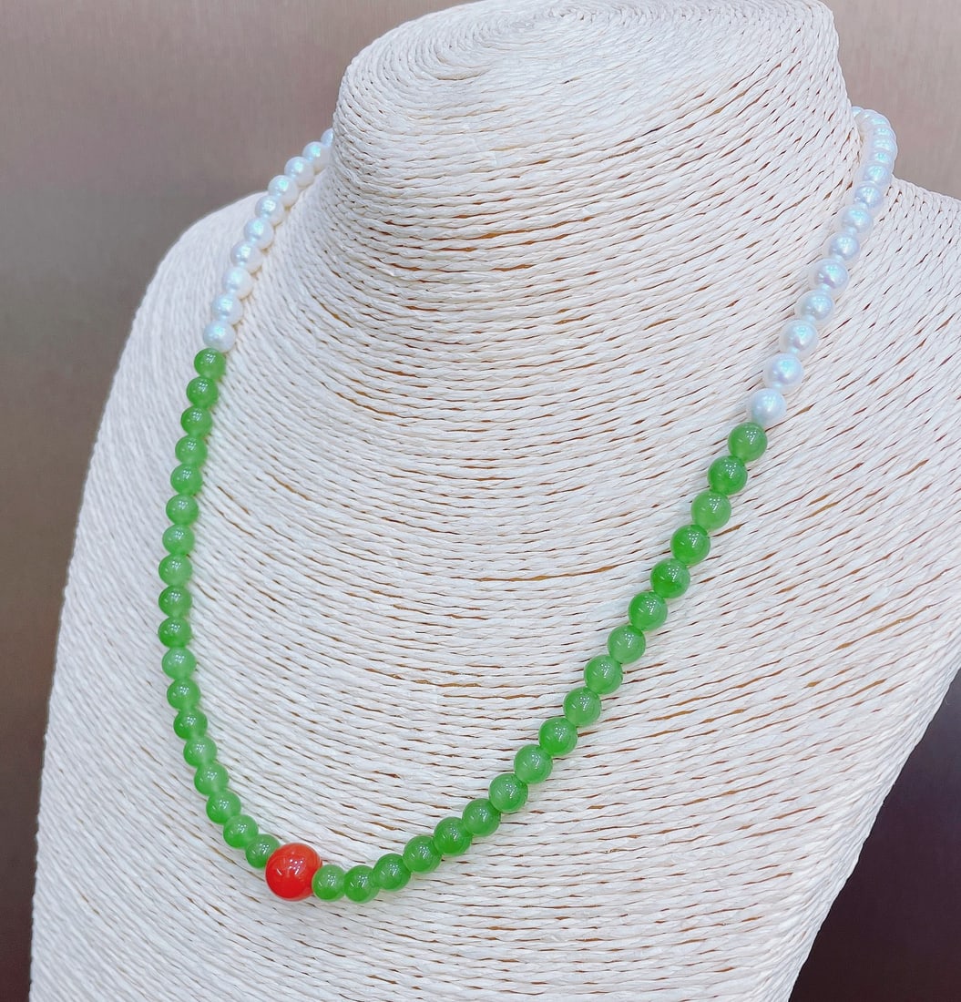 Natural Hetian Jade Bead Necklace with Pearls and Southern Red Agate, 6mm, S925 Silver Accents - 3