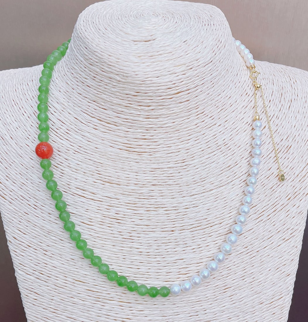 Natural Hetian Jade Bead Necklace with Pearls and Southern Red Agate, 6mm, S925 Silver Accents - 4