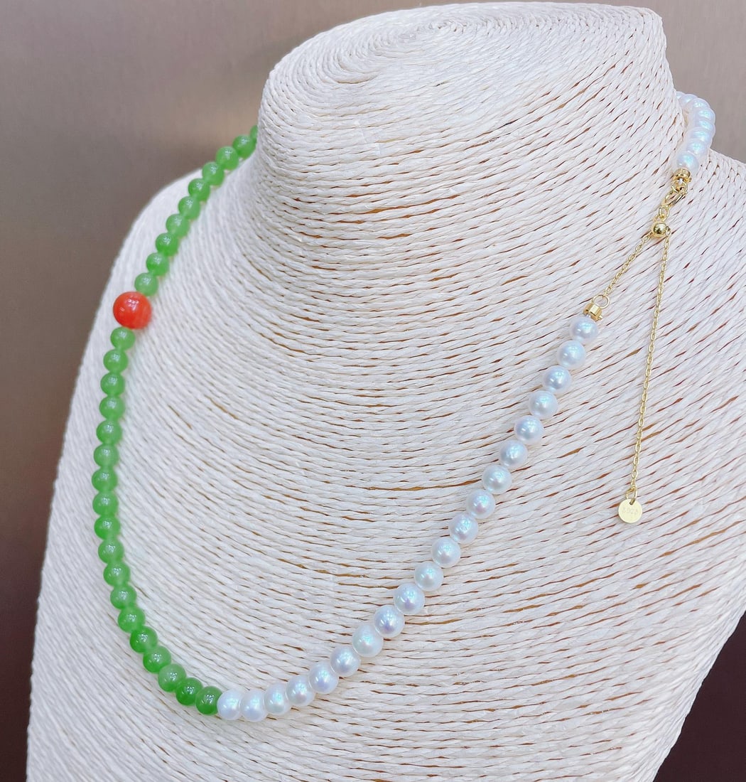 Natural Hetian Jade Bead Necklace with Pearls and Southern Red Agate, 6mm, S925 Silver Accents - 6