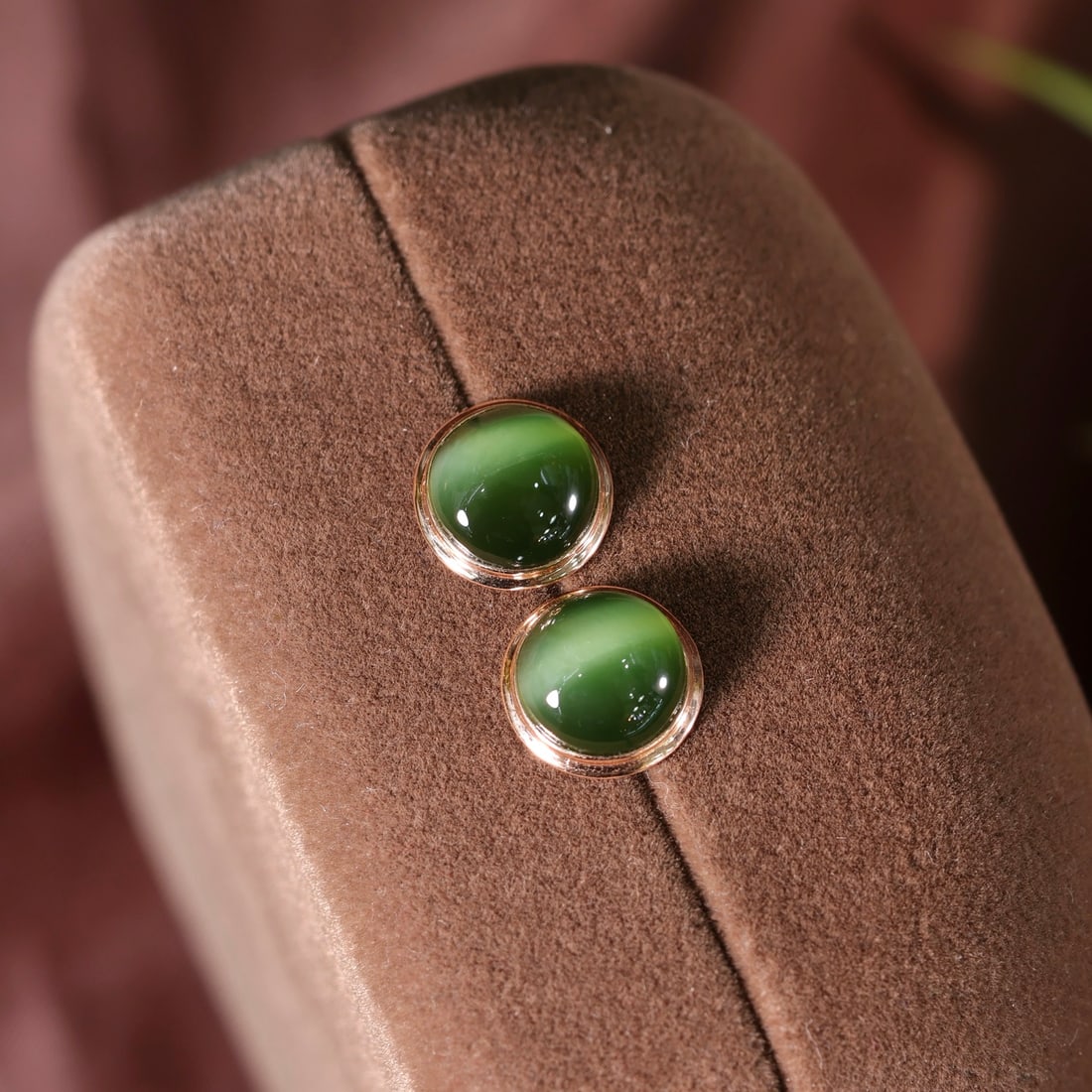 18K Gold Jade Half-Dome Stud Earrings, Translucent Ice Jade - 2