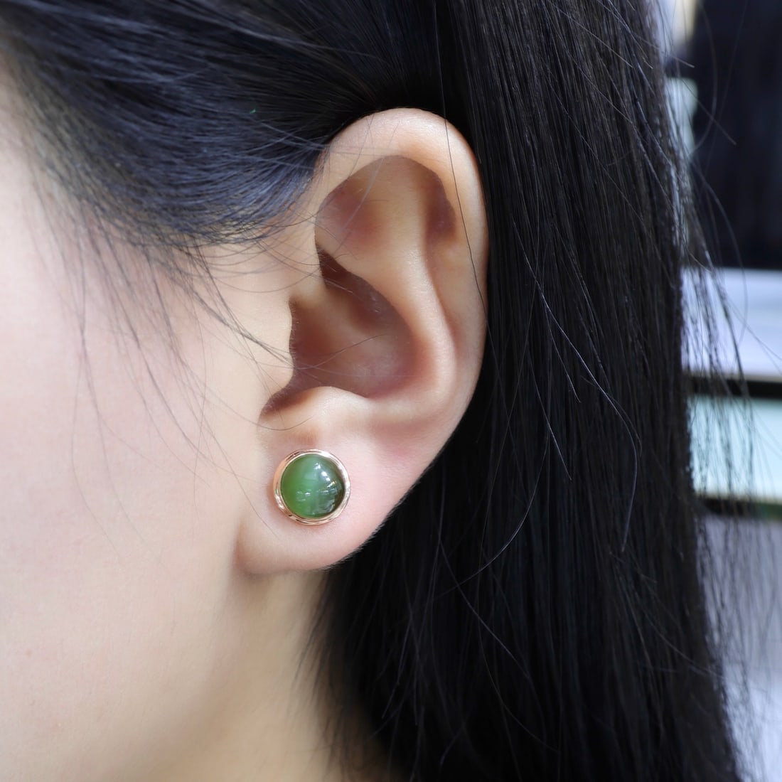 18K Gold Jade Half-Dome Stud Earrings, Translucent Ice Jade - 3