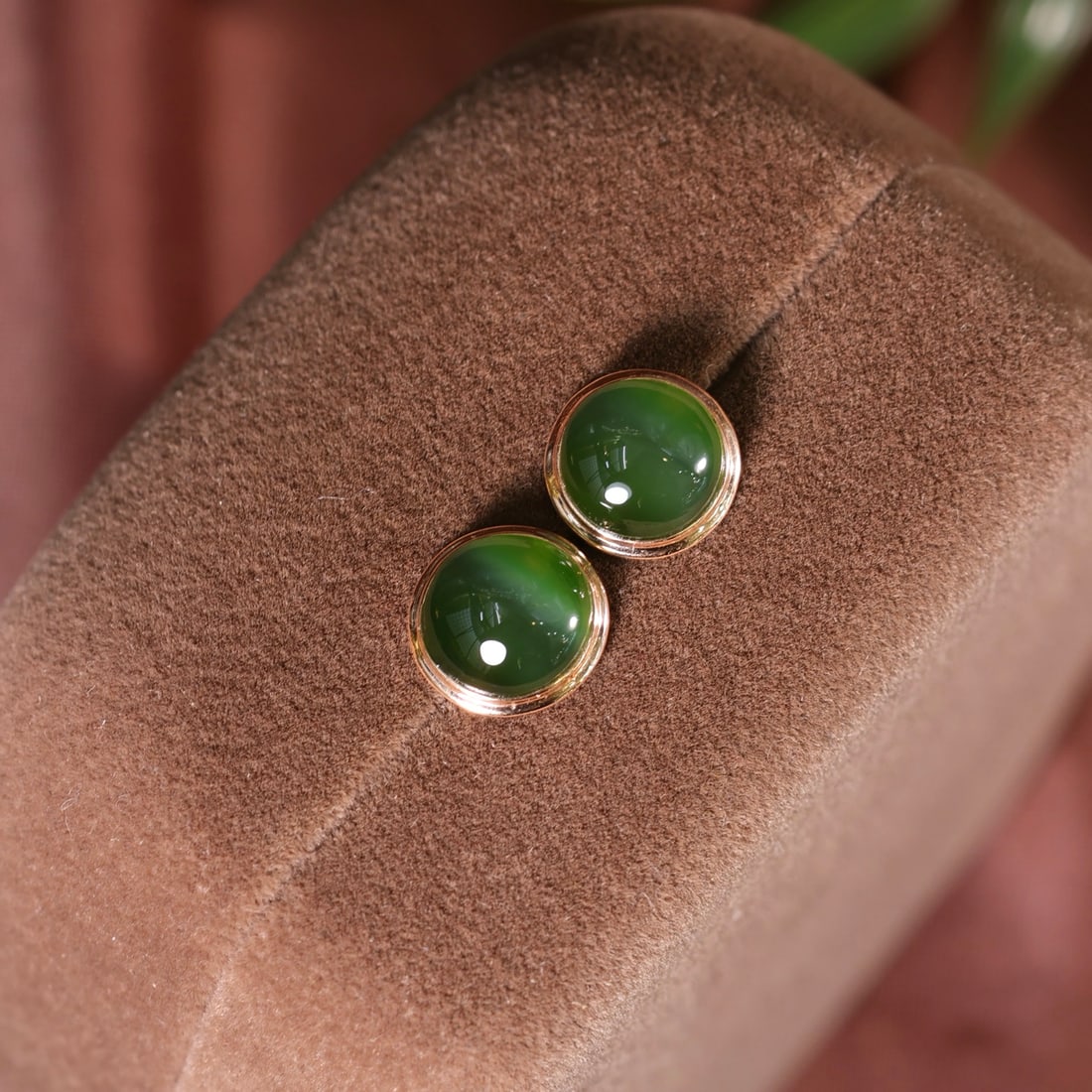 18K Gold Jade Half-Dome Stud Earrings, Translucent Ice Jade - 5