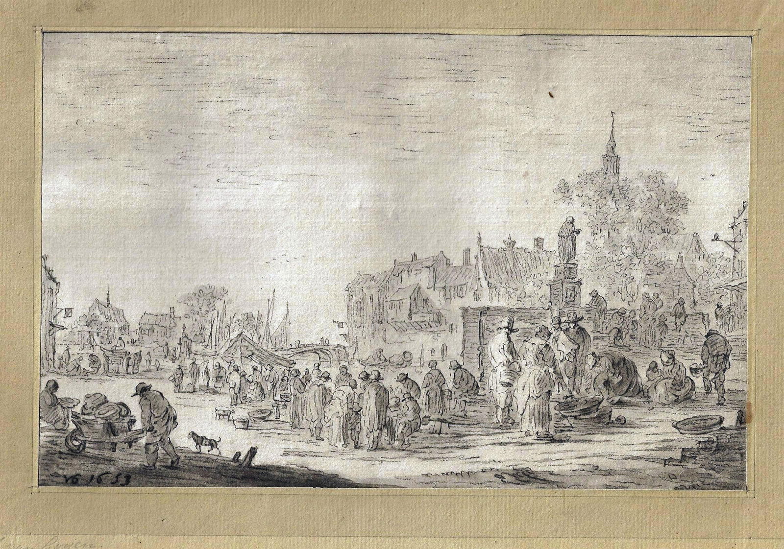 1821 The Fish Market Cornelis Ploos Van Amstel: Title: 1821 The Fish Market Cornelis Ploos Van Amstel Additional Information: "The Fishmarket" by Cornelis Ploos Van Amstel (1726-1798) after Jan Van Goyen (1596-1656) using a special printing