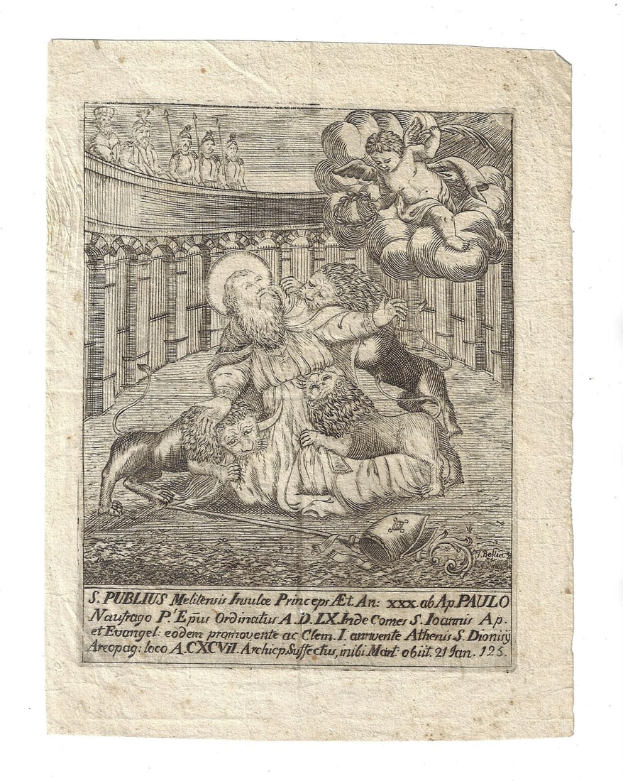 17th C Engraving Martyrdom of Saint Publius: Title: 17th C Engraving Martyrdom of Saint Publius Additional Information: A 17th century engraving of the martyrdom of Saint Publius being attacked by lions,Rome. Latin inscription. Very Good with