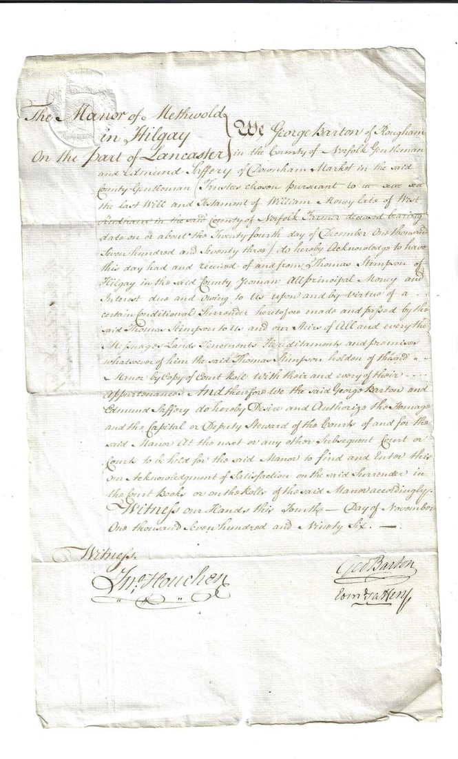 1796 English Manuscript Satisfaction (1 of 2)