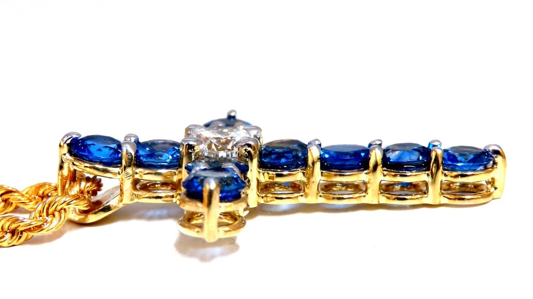 GIA Certified 1.00ct Natural Round Diamond Sapphire Cross Necklace 14kt** - 4
