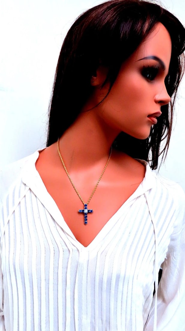 GIA Certified 1.00ct Natural Round Diamond Sapphire Cross Necklace 14kt** - 8