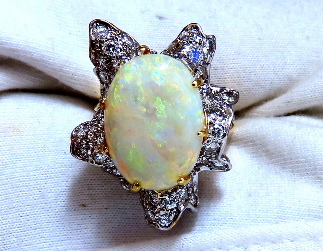 GIA Certified 8.04ct natural cabochon opal diamonds cocktail ring 14kt - 7