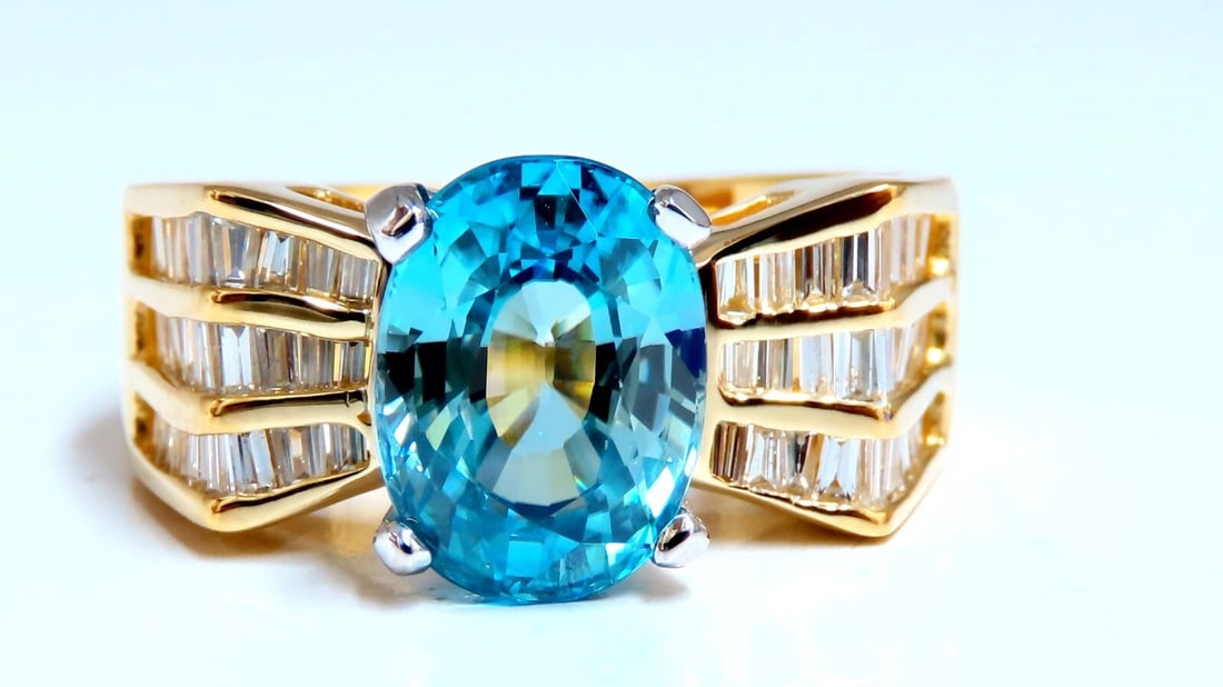5.36 carat natural blue zircon baguette diamond ring 14kt gold** - 5