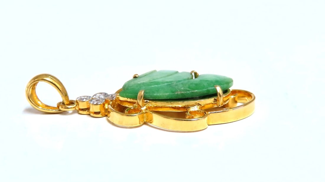 Natural Jade Carved Diamond Pendant 18kt .07ct** - 4