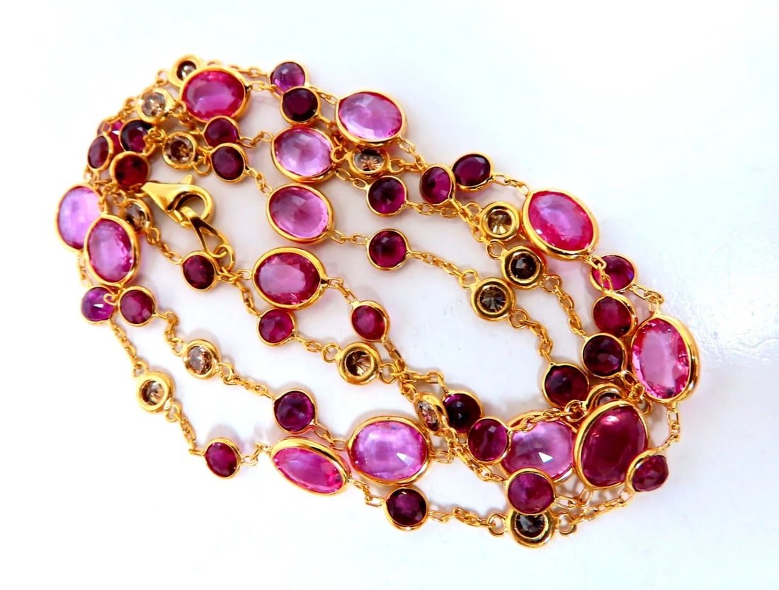 26.45ct natural vivid pink sapphires Ruby diamond yard station necklace 14kt ** - 2
