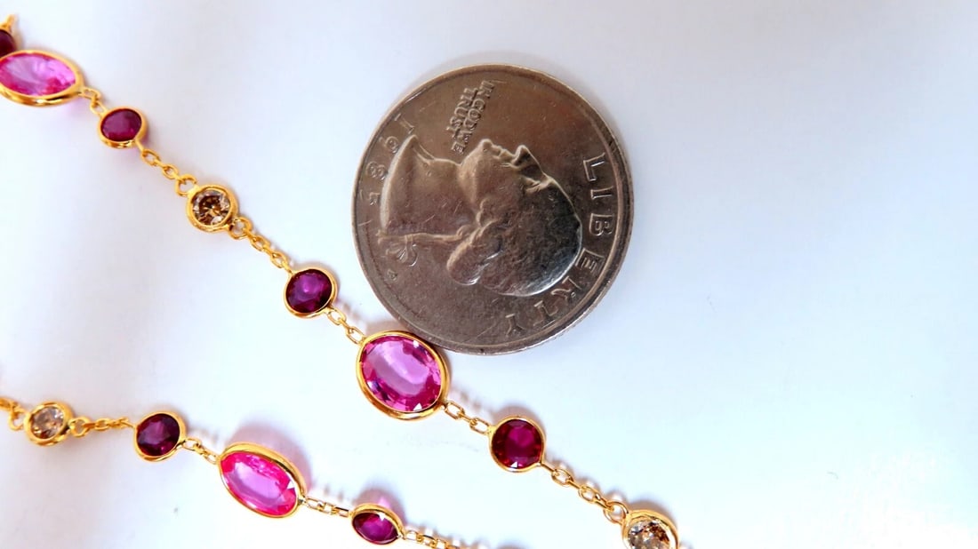 26.45ct natural vivid pink sapphires Ruby diamond yard station necklace 14kt ** - 7