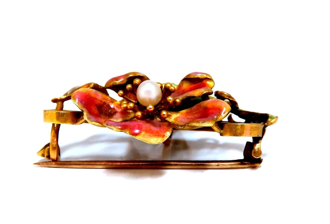 Vintage Enamel Flower Pin Seed Pearl 18kt** - 4