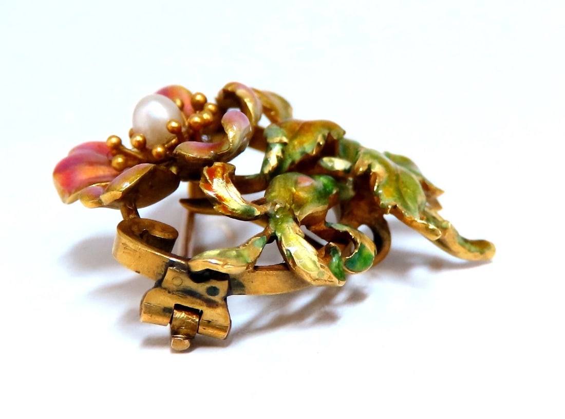 Vintage Enamel Flower Pin Seed Pearl 18kt** - 5
