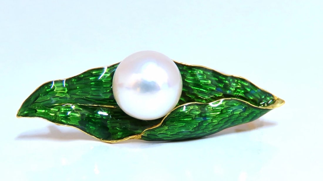 18kt Gold Enamel Leaf Pearl Pin** - 2